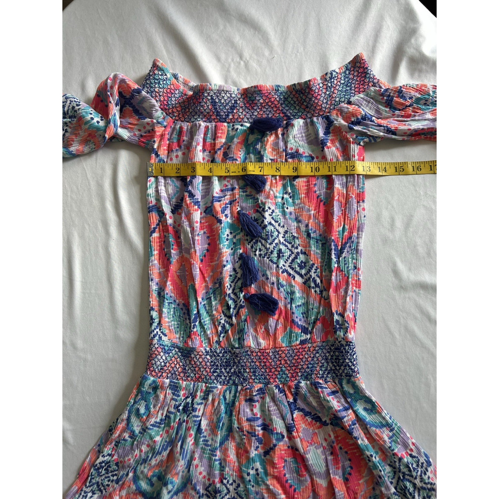 Lilly Pulitzer Off Shoulder Smocked Tasseled Mini Dress Womens Size XS Pink Blue - Picture 6 of 8